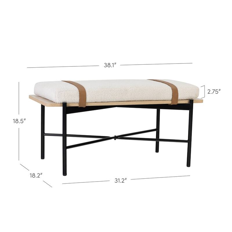 Thatcher Upholstered Entryway Bench with Removable Boucle Cushion, Vegan Leather Straps, Metal Legs