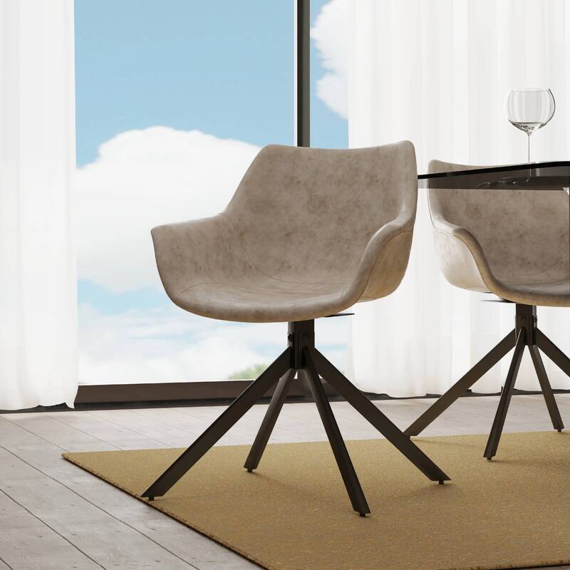 Markley Leather Swivel Dining Armchair with Black Iron Base - Accent Dining Chair for Kitchen and Dining Room Set of 4