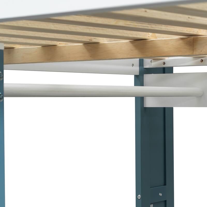 Full Size Wooden Loft Bed Frame with Built-in Storage Shelves, Open Cabinets, Clothes Rails and L-shape Desk