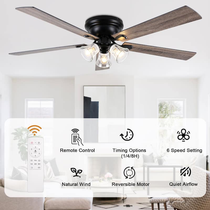 Bella Depot 52" 3-Light Brown Flush Mount Ceiling Fan with Light and Remote Control 6-speed Reversible Timer DC Motor