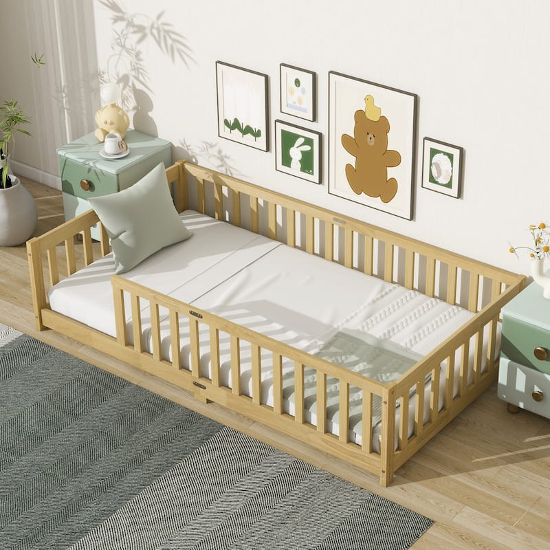 Twin Size Floor Bed with Fence without Door, Rubber Wood Floor Bed with Safety Guardrails - Natural