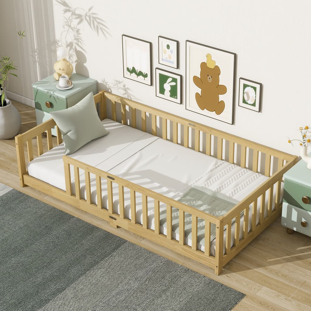 Twin Size Rubber Wood Floor Bed with Safety Guardrails, Natural Finish, Easy Assembly