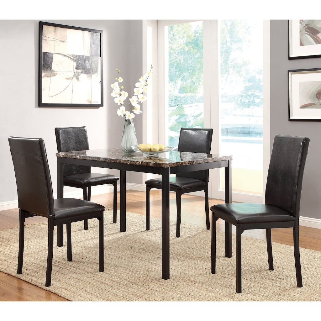 Black Metal Finish 5pc Dining Set Faux Marble Tabletop and 4x Side Chairs Transitional Small Dining Room Furniture