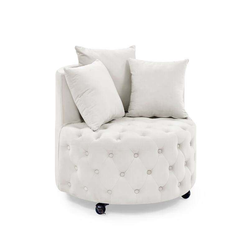 Roomfitters Velvet Swivel Chair with Tufted Button Design, Round Accent Chair with 3 Pillows and Wheels, Lounge Seating