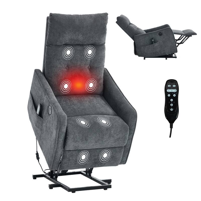 Chenille Single Motor Power Lift Recliner Chair with Massage and Heat for Elderly, Heavy Duty Motion Mechanism and One USB