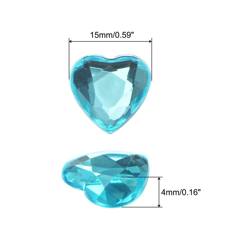 60 Pcs Acrylic Heart Rhinestone 15mm Flat Back Plastic Gems - Lake Blue