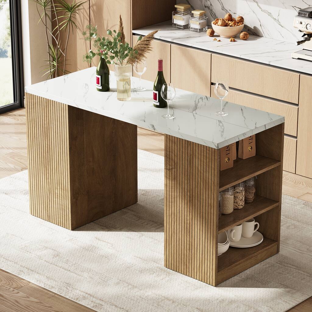 63-Inch Kitchen Island with Side Shelves, Modern Dining Table - 63'' W × 23.2'' D × 35.4'' H