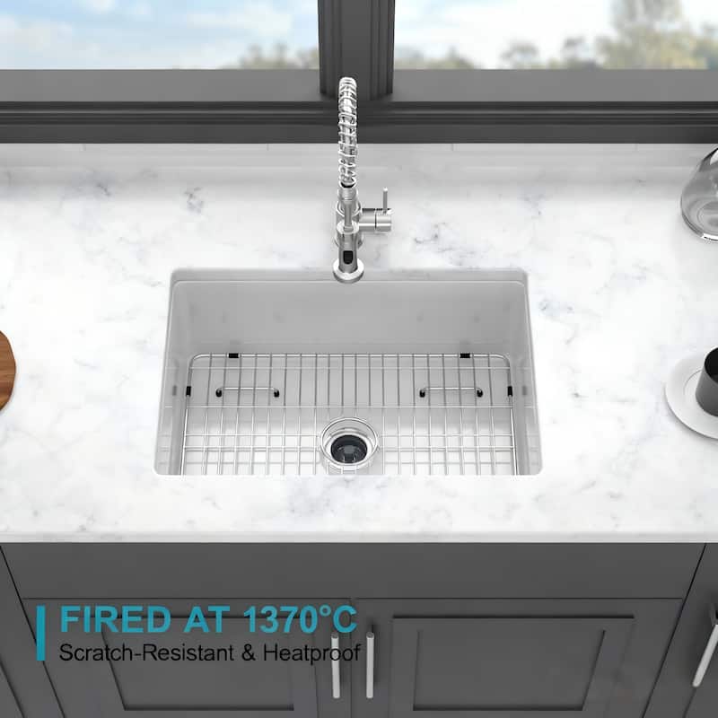 Undermount Single Bowl Fireclay Kitchen Sink - Dual Mount White Porcelain Fireclay Rectangular Deep Single Bowl Sink