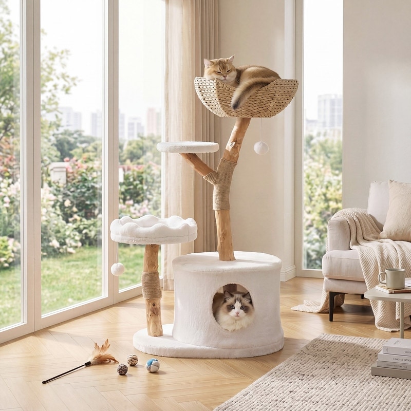 EXTERIENCE Natural Wood Cat Tree Tower, Multi Level Cat Condo with Woven Basket Perch for Indoor Cats - 29.2IN