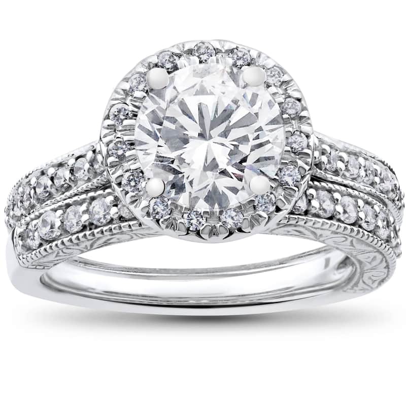 2 1/2ct Halo Lab Grown Diamond Engagement Vintage Matching Wedding Ring Set Gold