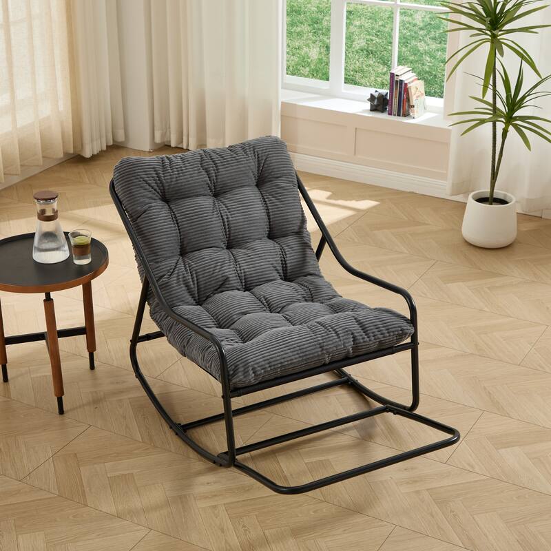 Outdoor Rocking Chair, Comfy Cushion, with Soft Thick Cushion,for Living Room, Reading Room, Black Frame with White Cushion - Grey
