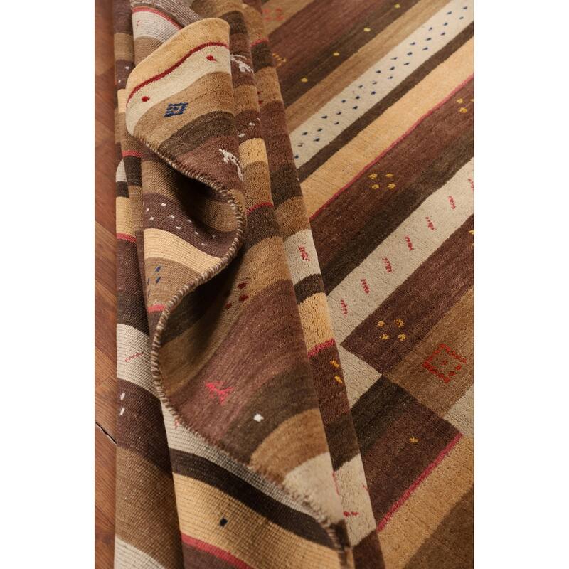 Striped Gabbeh Oriental Area Rug Hand-Knotted Brown Wool Carpet - 6'9" x 9'11"