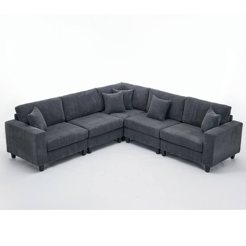 Oversized Modular Sectional Sofa Set, L Shaped, Corduroy Upholstered, 5 Seat, Gray