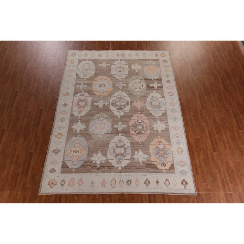 Hand Knotted Oriental 100% Wool Carpet Transitional Geometric Brown Oushak Area Rug - 12' 2'' X 8' 11''