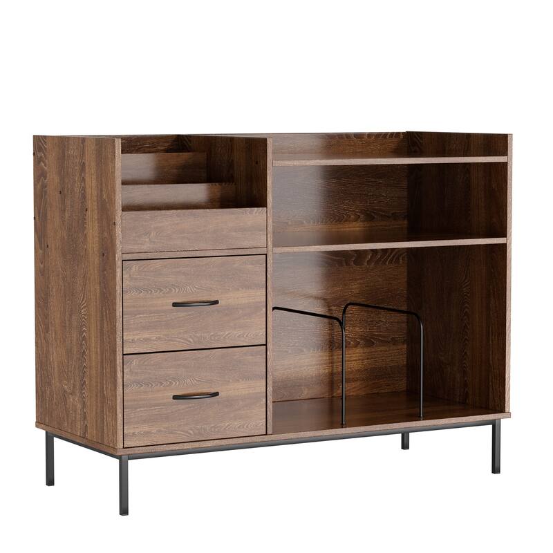 Record Player Stand with Power Outlet & Flip-Down Lid,Turntable Table with Storage,Media Console with 2 Drawers