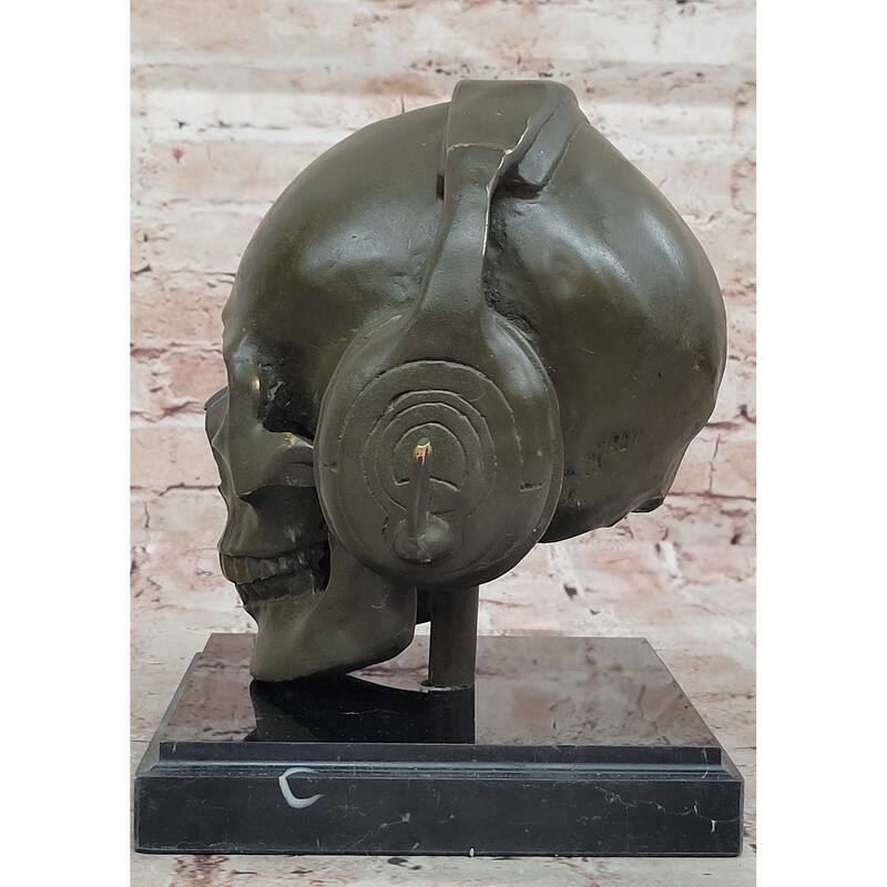 Skull With Headphones Bronze Sculpture - Modern Gothic Music Art