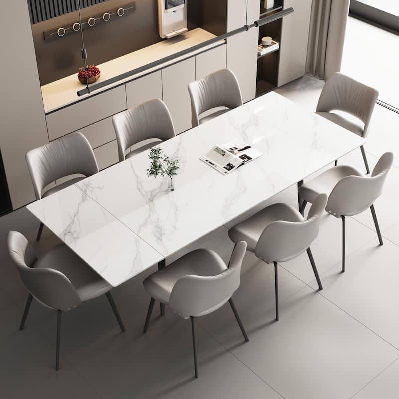 62.9'' to 94.4'' expandable Slate rectangular Glossy White kitchen Stone Top dining table stainless steel legs. - White Top