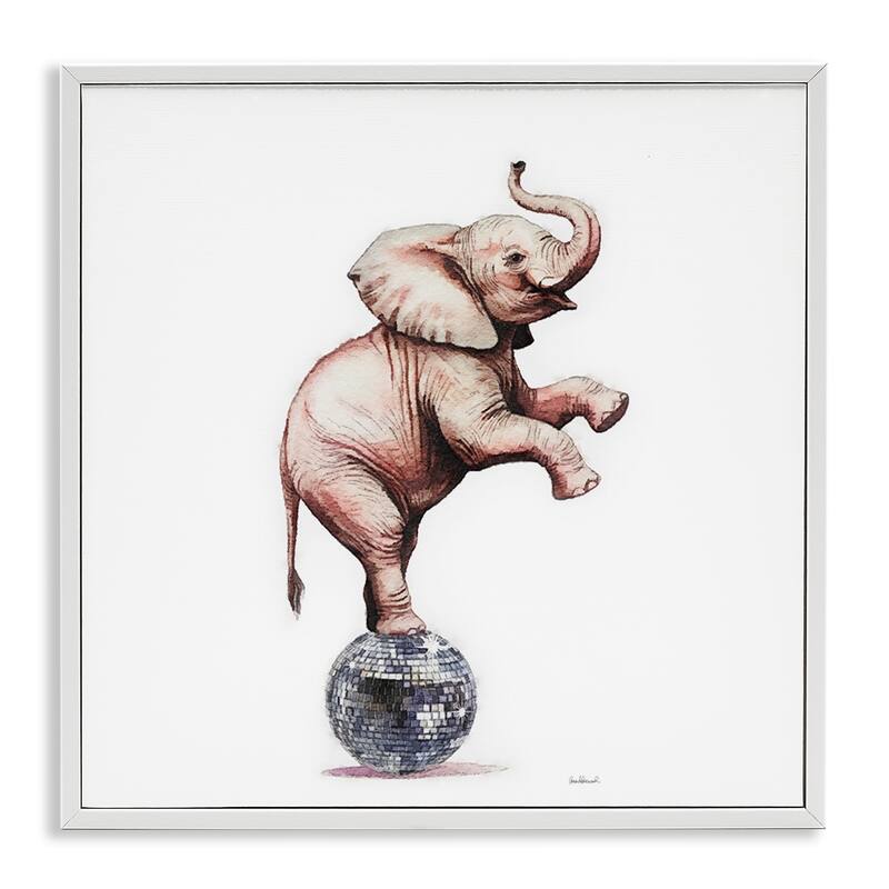 Stupell Elephant on Disco Ball Framed Giclee Art Design By Amanda Greenwood - 17 x 17 - White