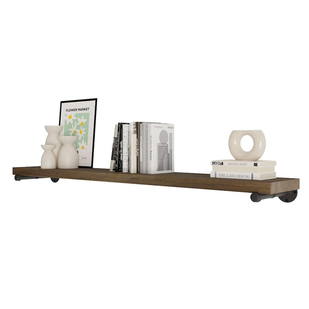Wallniture 60" x 9.25" Industrial Pipe Shelf, Floating Bookshelf for Living Room, Long Wooden Shelf, Farmhouse, Custom Finish