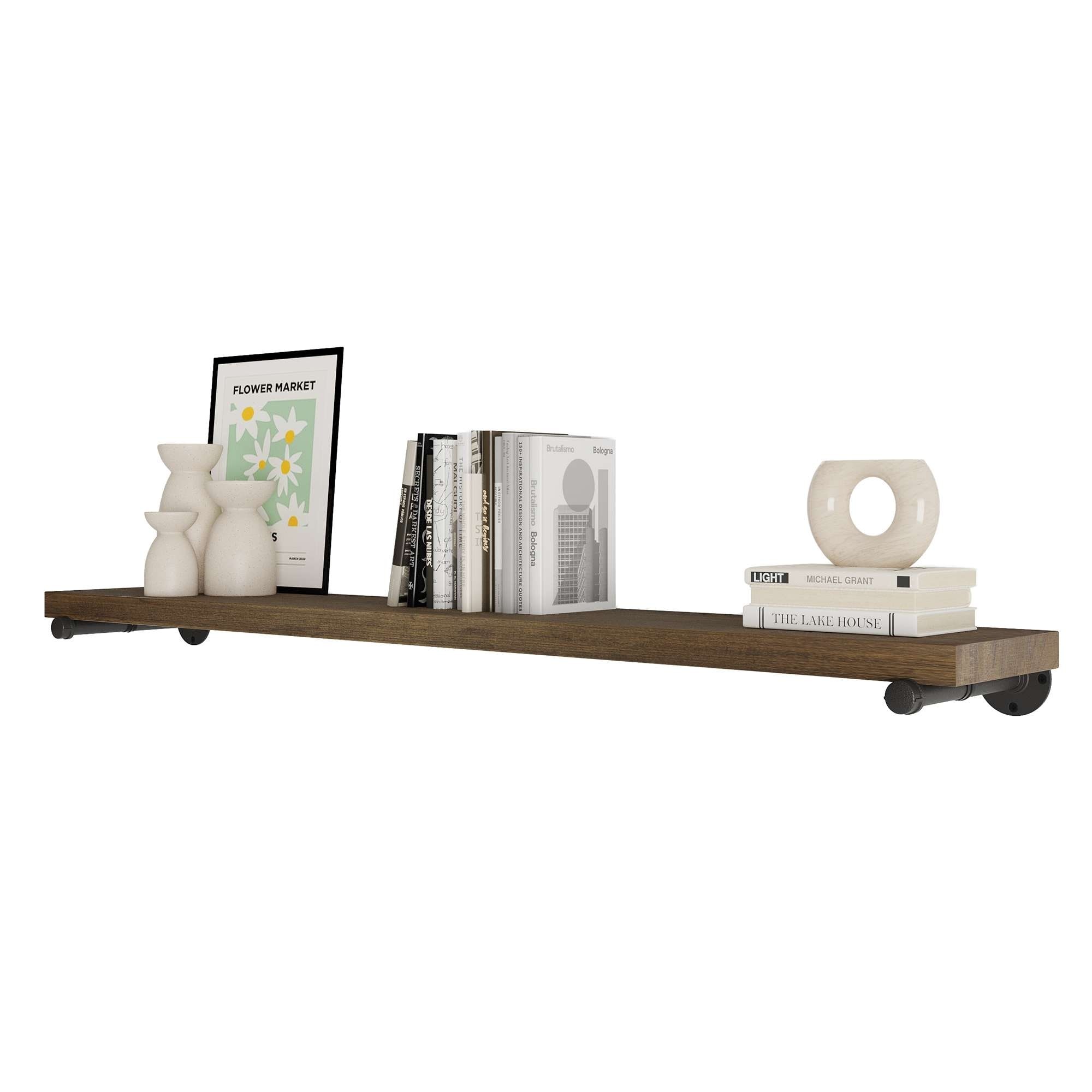 Wallniture 60" x 9.25" Industrial Pipe Shelf, Floating Bookshelf for Living Room, Long Wooden Shelf, Farmhouse, Custom Finish