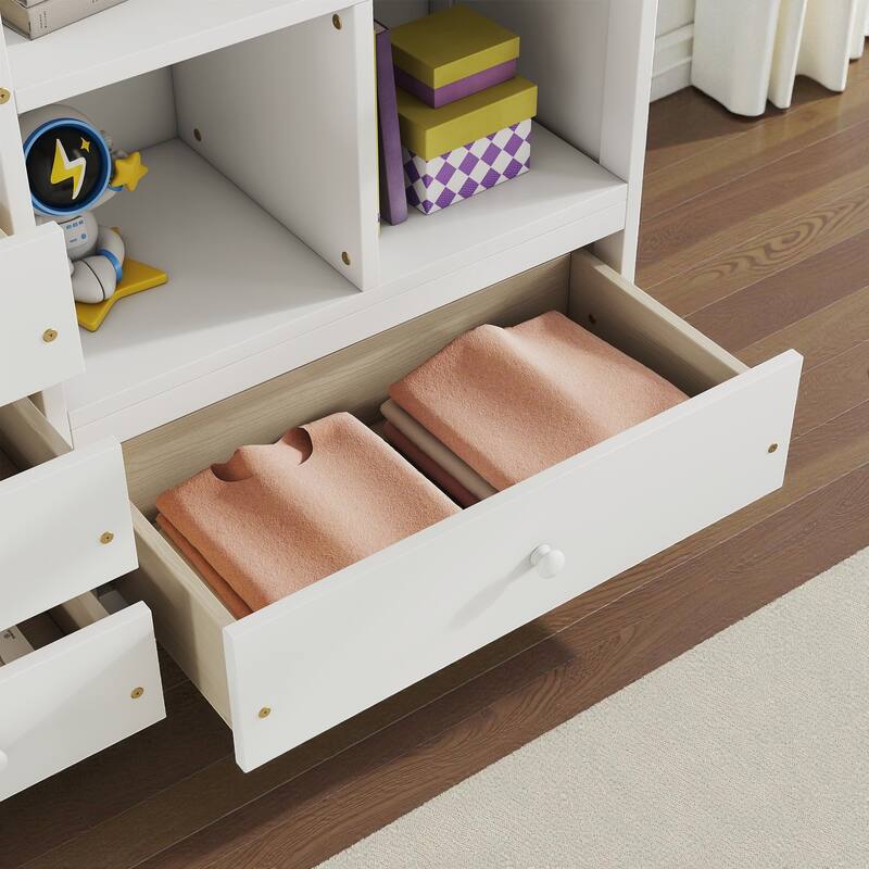 Full Size Loft Bed with Desk, Drawers and Shelves, Solid Pine Wood Frame with Built-in Ladder and Guardrails