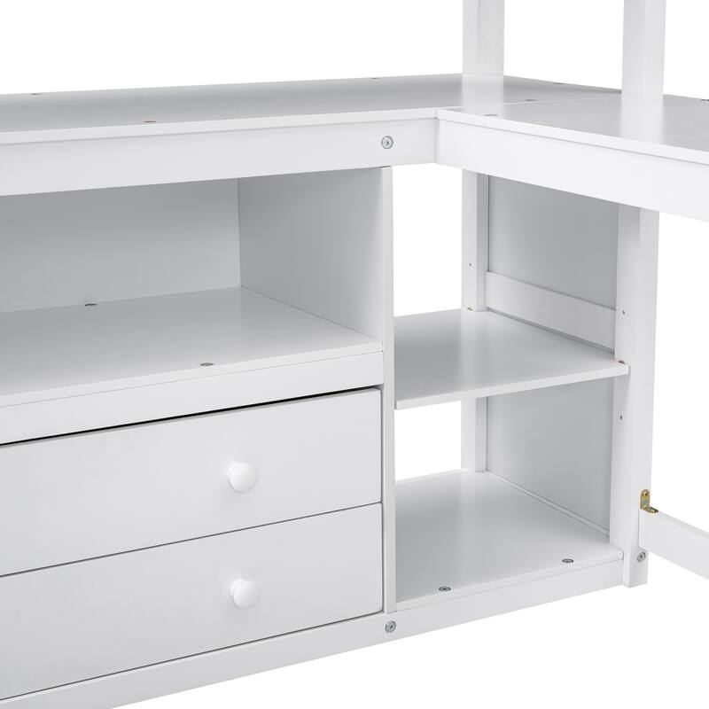 Full Size Loft Bed with Desk and Shelves, Two Built-in Drawers
