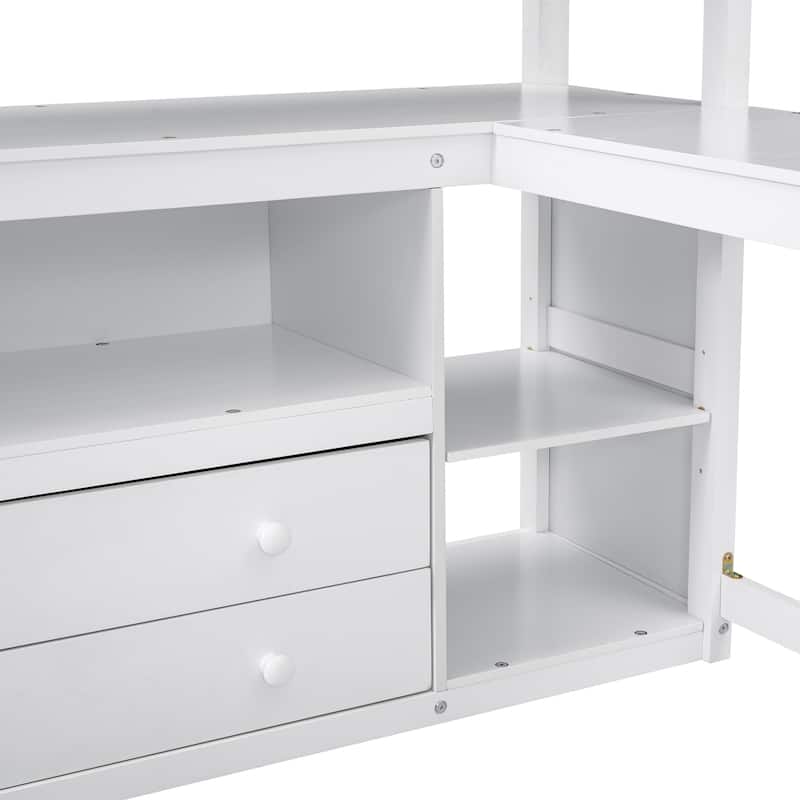 Loft Bed with Desk and Shelves, Two Built-in Drawers