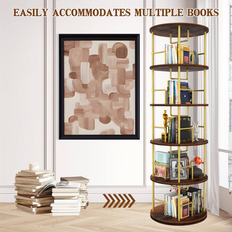 5 Tier Rotating Bookshelf (Gold) - 360° Display Round Spinning Bookshelf, Wood & Metal Stackable Spinning Bookshelf Tower.