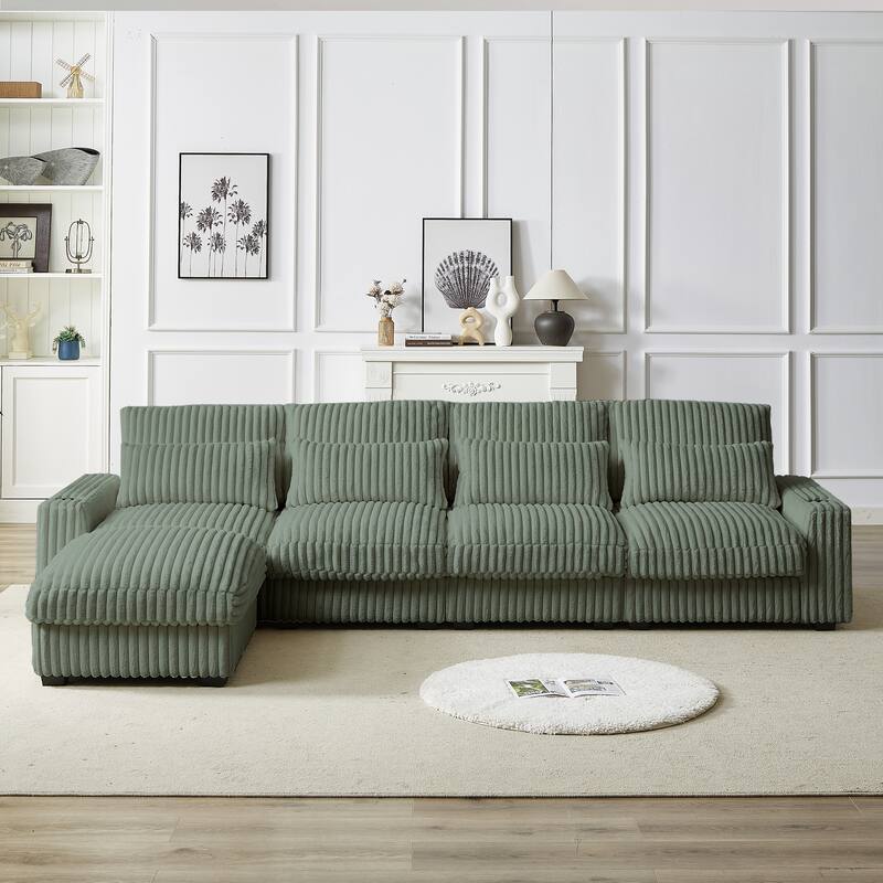 Modern 126-inch Corduroy Sofa with 4 Cushions, Movable Footrest, USB Ports, and Cup Holders