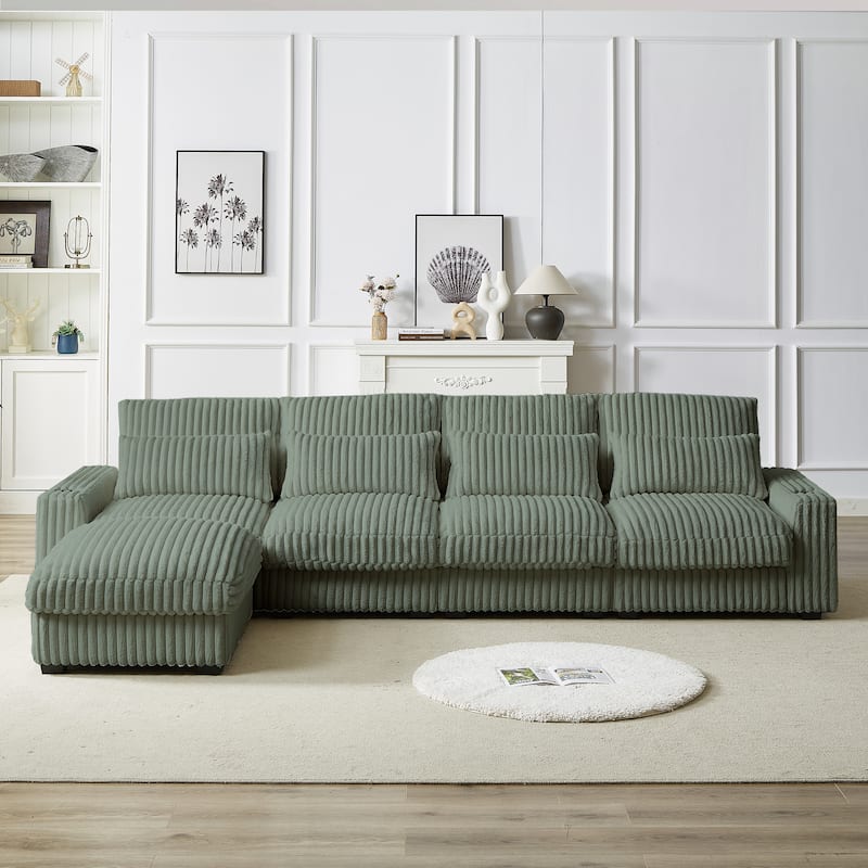 Super Large 126-Inch Corduroy L-Shaped Sofa with Cup Holders, USB Port, Movable Footrest, and 8 Cushions.