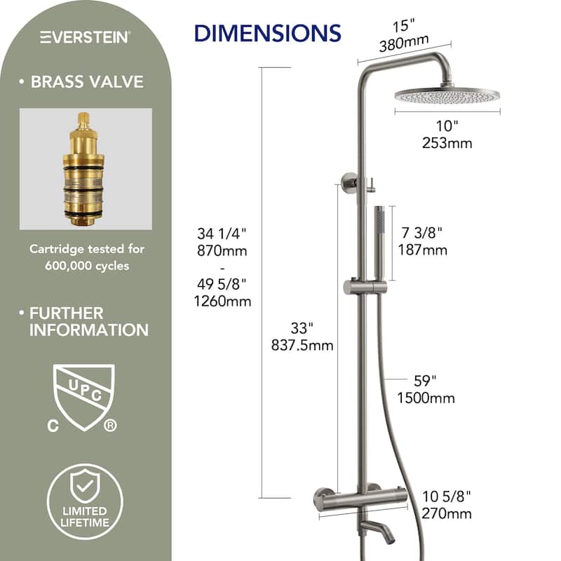 Height Adjustable Thermostatic Shower System with Tub Spout, 10" Rain Shower Head, Hand Shower, Brass Valve