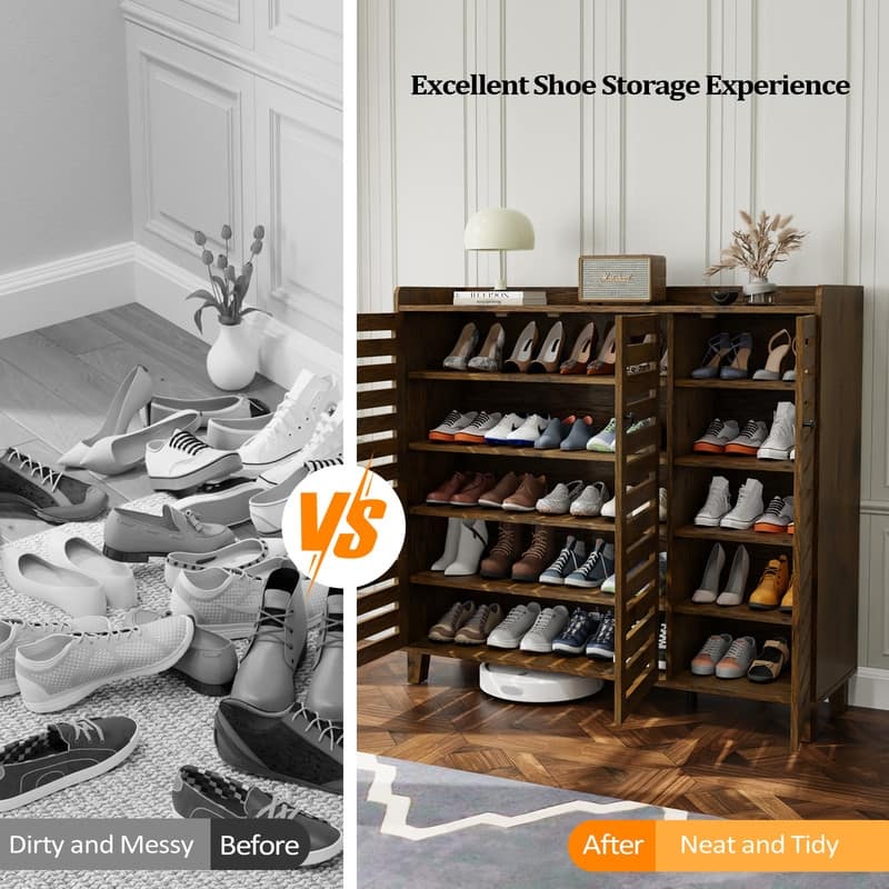 Hidden Shoe Cabinet with 3 Doors, 5 Tier Shoe Organizer Rustic Brown