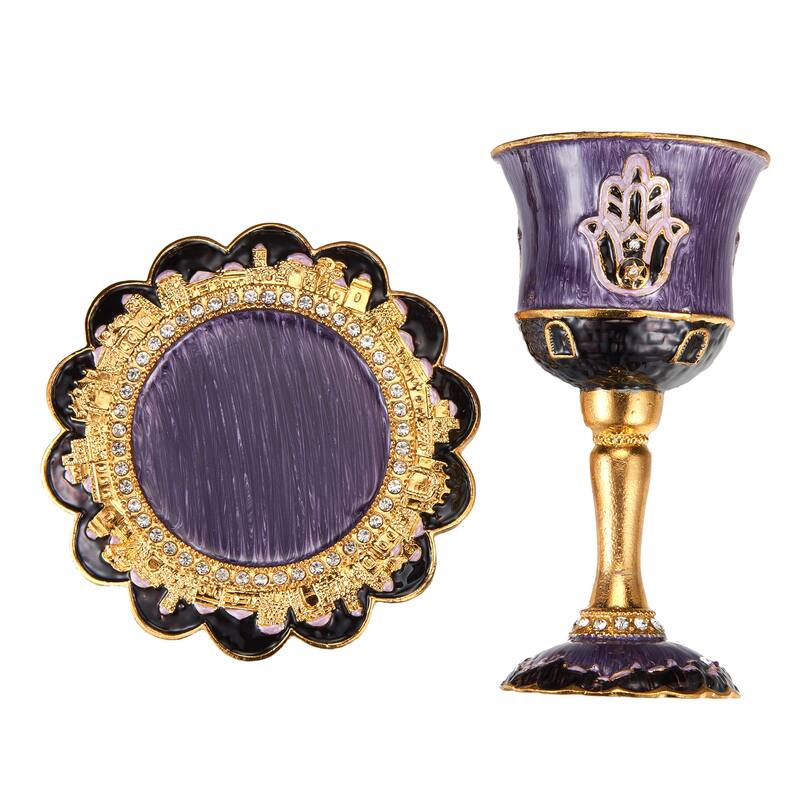 Tall 5" Kiddush CupSet w/Stem-Tray Embellished w/Crys.& HamsaDesign
