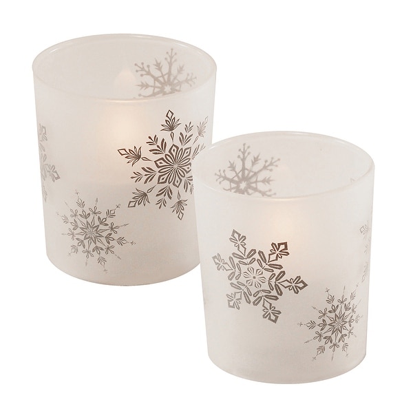 Set of 2 Battery Operated White Snowflakes Design Frosted Glass with LED Candle 3.75" - N/A
