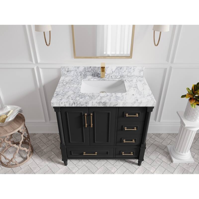 Willow Collections 36 in. W x 22 in. D Aberdeen Center Sink Left Bathroom Vanity with Countertop - 2" Carrara Marble - Black