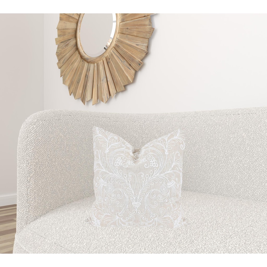 HomeRoots 20" X 20" Beige and White Damask Polyester Zippered Pillow With Embroidery