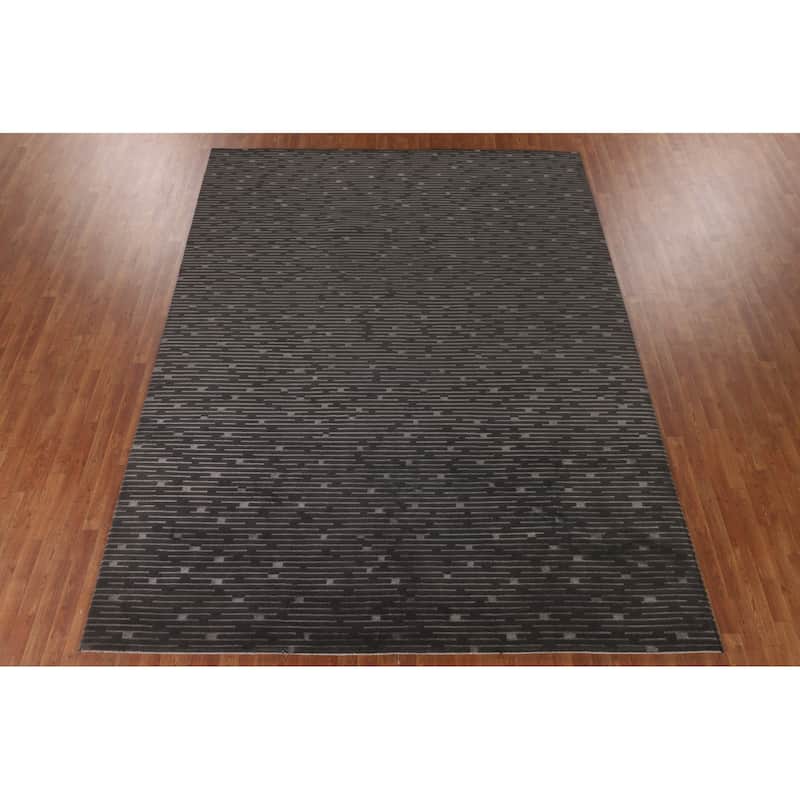 Striped Black Nepalese Indian Area Rug Hand-Knotted Wool Carpet - 9'0" x 11'8"