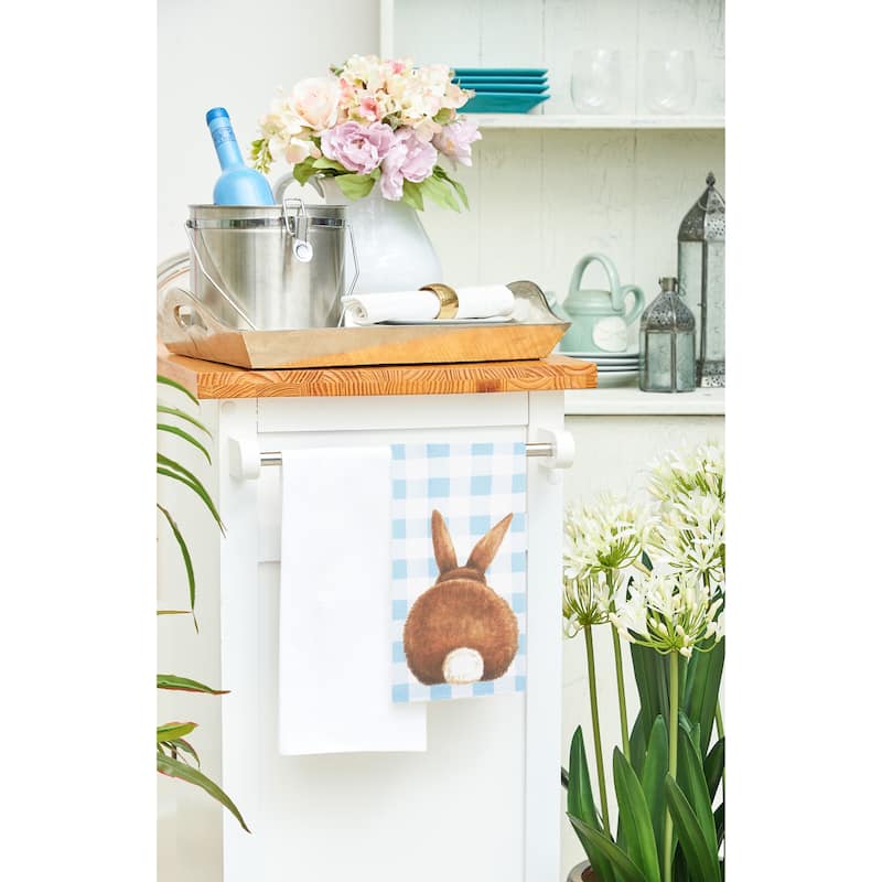 Checkered Blue Easter Bunny Rabbit w/ Tail Cotton Kitchen Dishtowel
