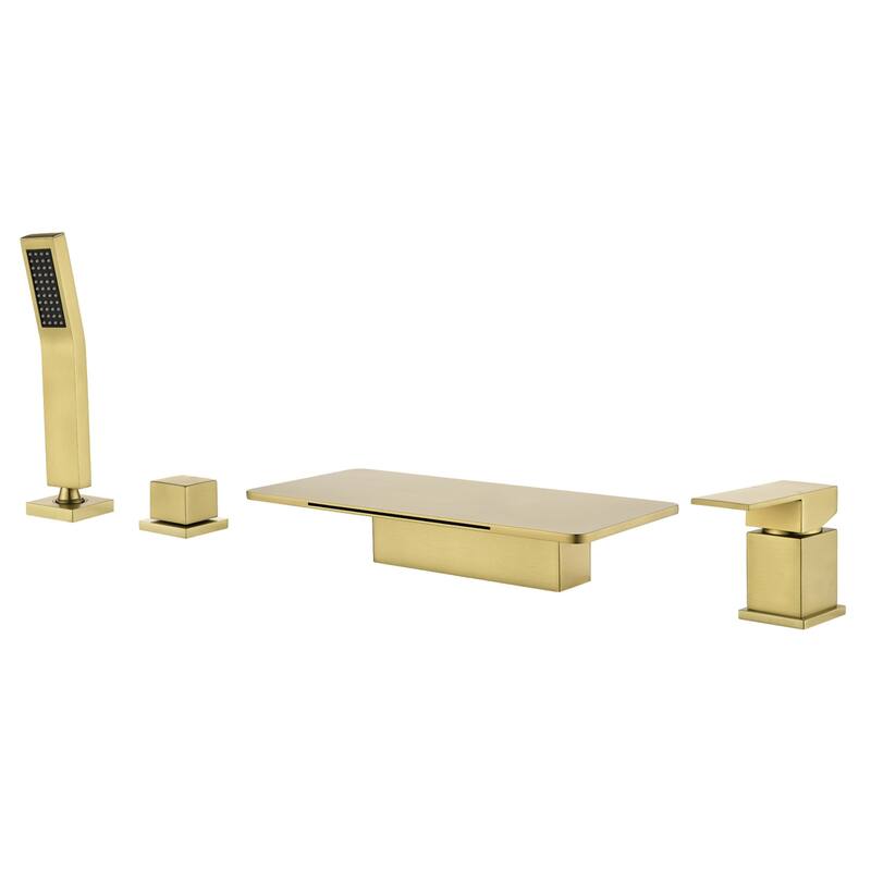 Deck Mount Waterfall Tub Faucet with Handheld Shower Brass 4 Holes Modern Roman Bathtub Filler with Hand Sprayer - Brushed Gold