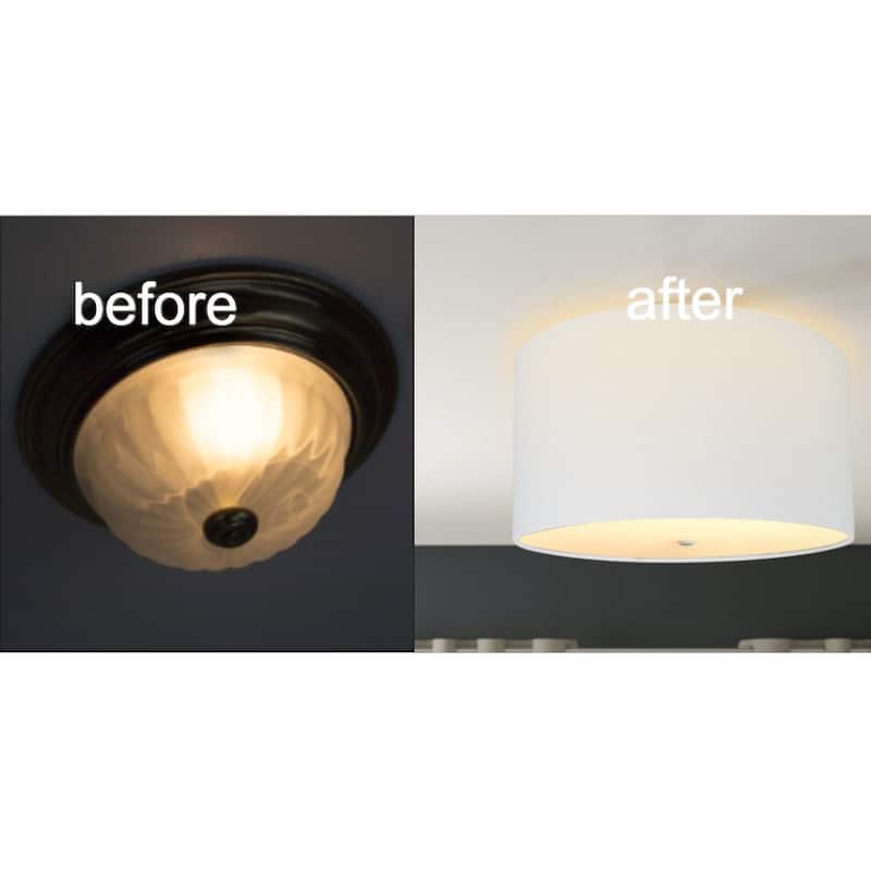 16 Moderne Flush Mount Converter Kit White Linen Drum Lampshade 16x16x9"