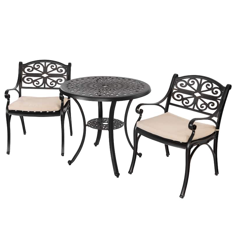 Nuu Garden Patio 3-Piece Cast Aluminum Bistro Set with Umbrella Hole and Cushions