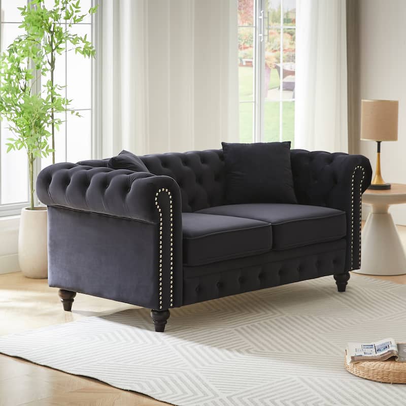 63.5"Sectional Sofa, Button Tufted With Nail Design Arms With 2 Pillows, Upholstered Fabric And Wood Legs