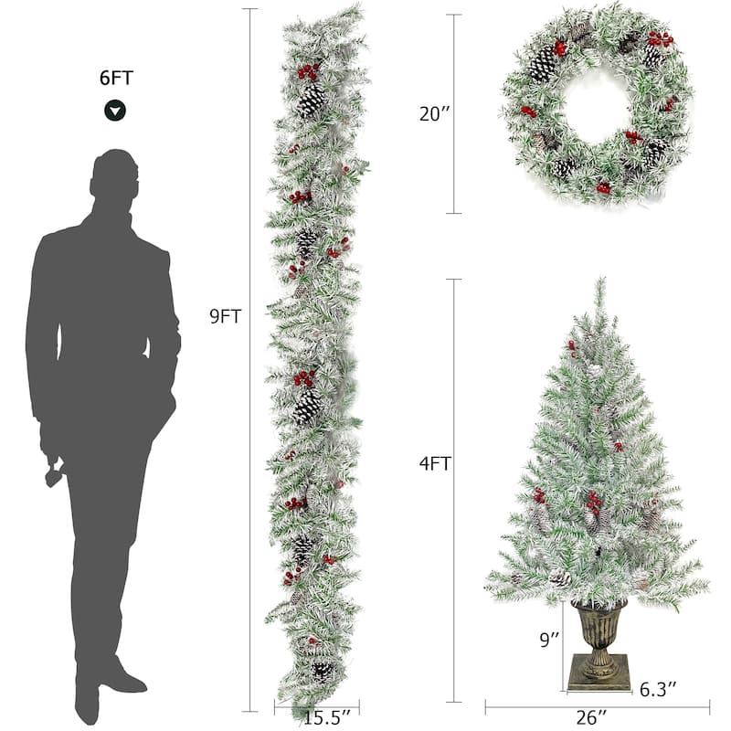 Pre-lit Xmas Tree Artificial Christmas 4-Piece Set,Garland, Wreath and ...