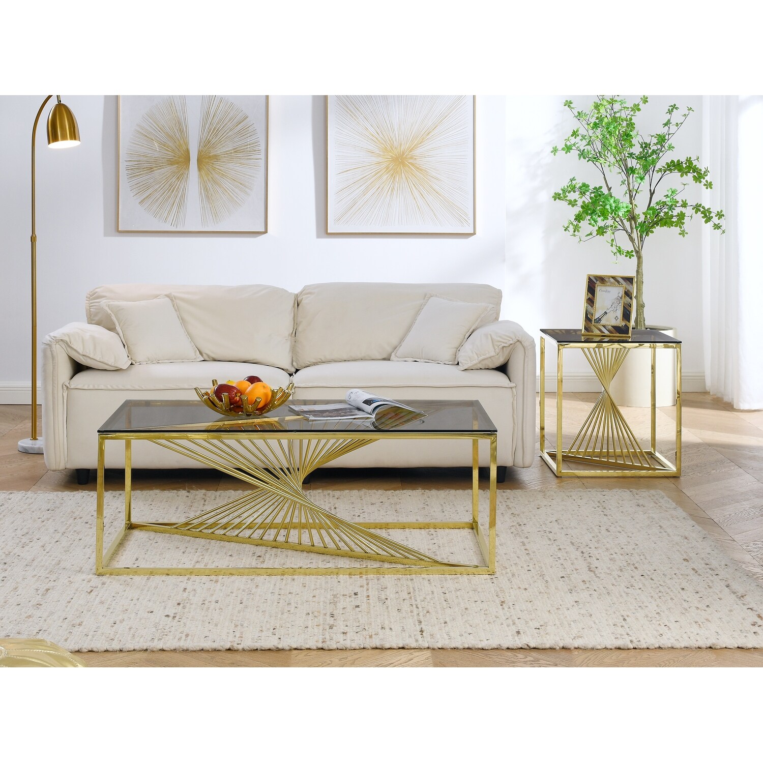 Modern Rectangular Coffee Accent Table with Clear Tempered Glass