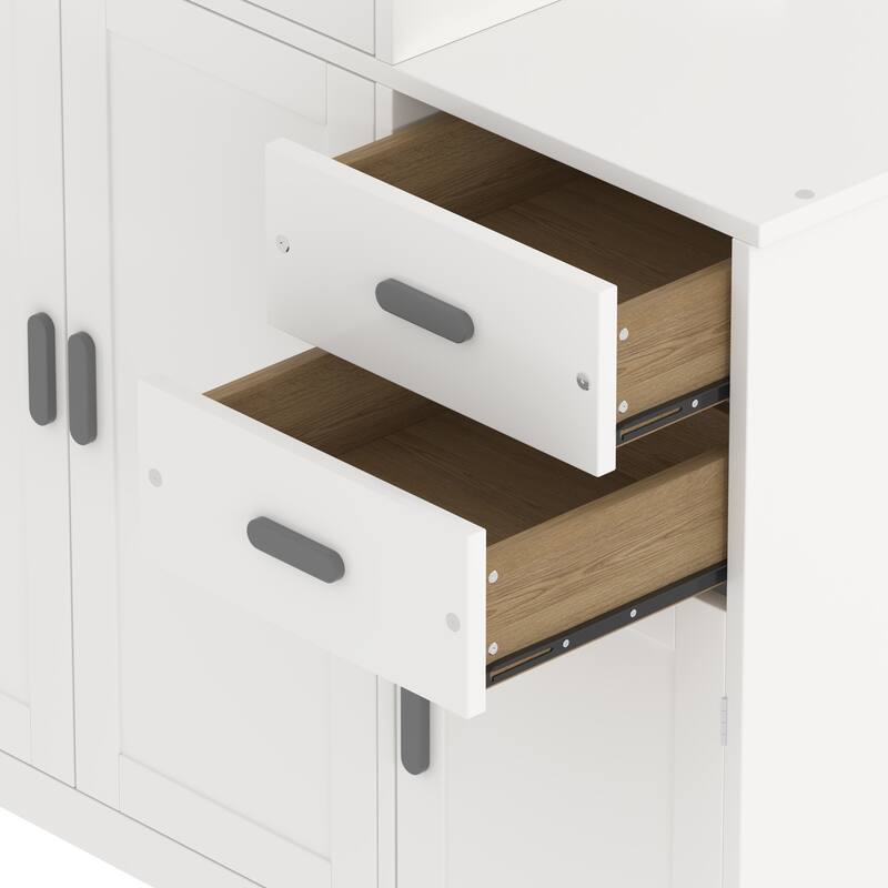 Multifunctional Twin Size Wood Platform Bed with Bookshelf, Wardrobe, and Trundle, White