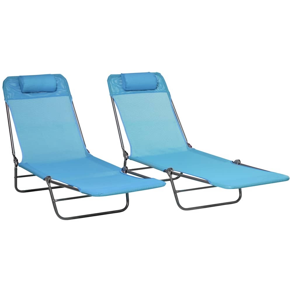 Outsunny Folding Chaise Lounge Pool Chairs, Set of 2 Outdoor Sun Tanning Chairs with Pillow, Six-Position Reclining Back