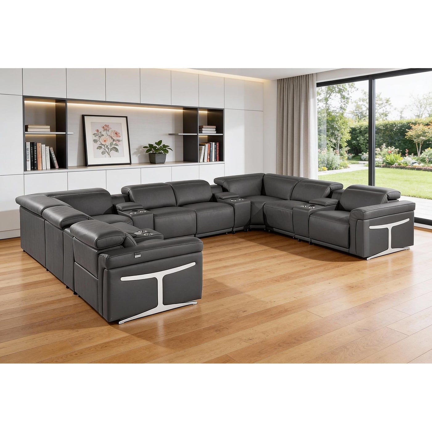 HomeRoots Dark Gray Italian Leather Power Reclining U Shaped Twelve Piece Sectional With Console