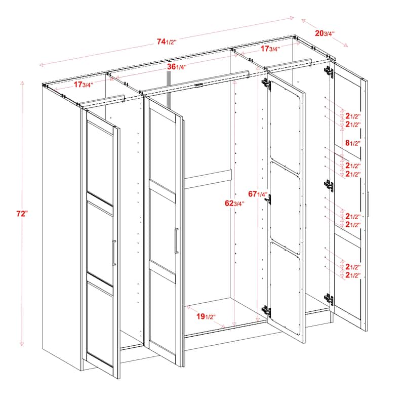100% Solid Wood Wardrobe Armoire, 4-Door Closet Storage Cabinet, Cosmo Collection, Palace Imports