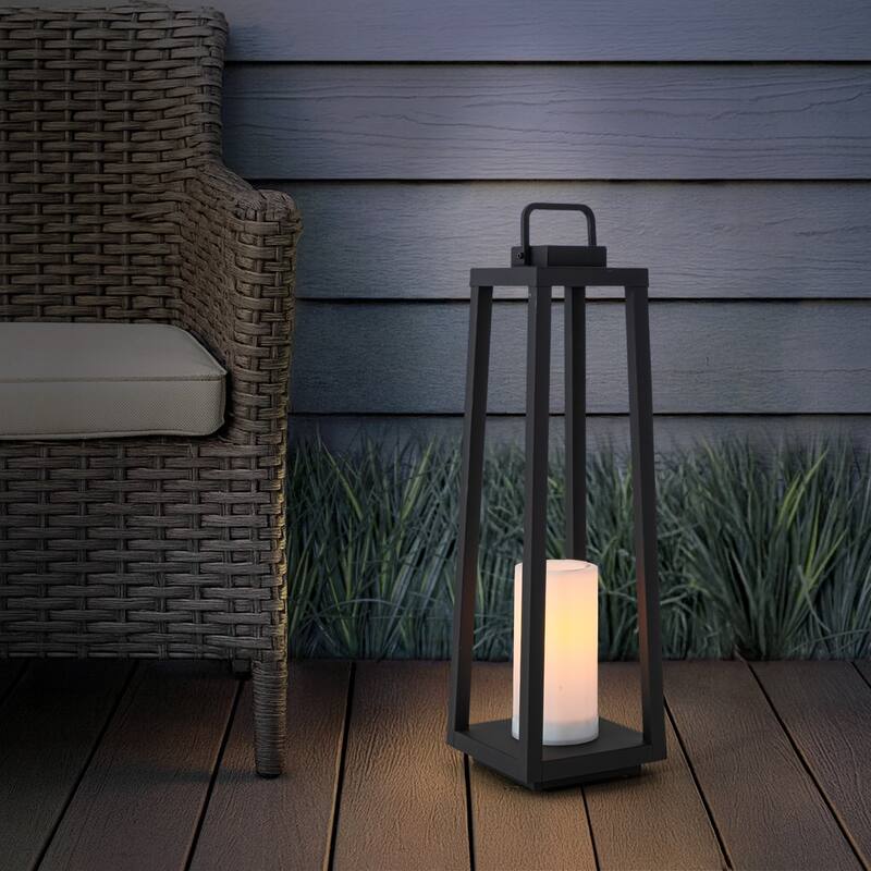 1 Light H16" Modern Matte Black Solar Lantern with Candle Shape Outdoor Light Decorative Portable Hanging LED Lights