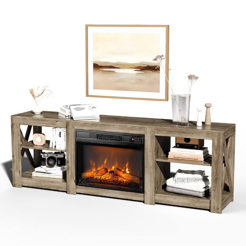Farmhouse 70'' TV Stand For Tvs Up To 70'' With 23'' Electric Fireplace and Adjustable Shelves